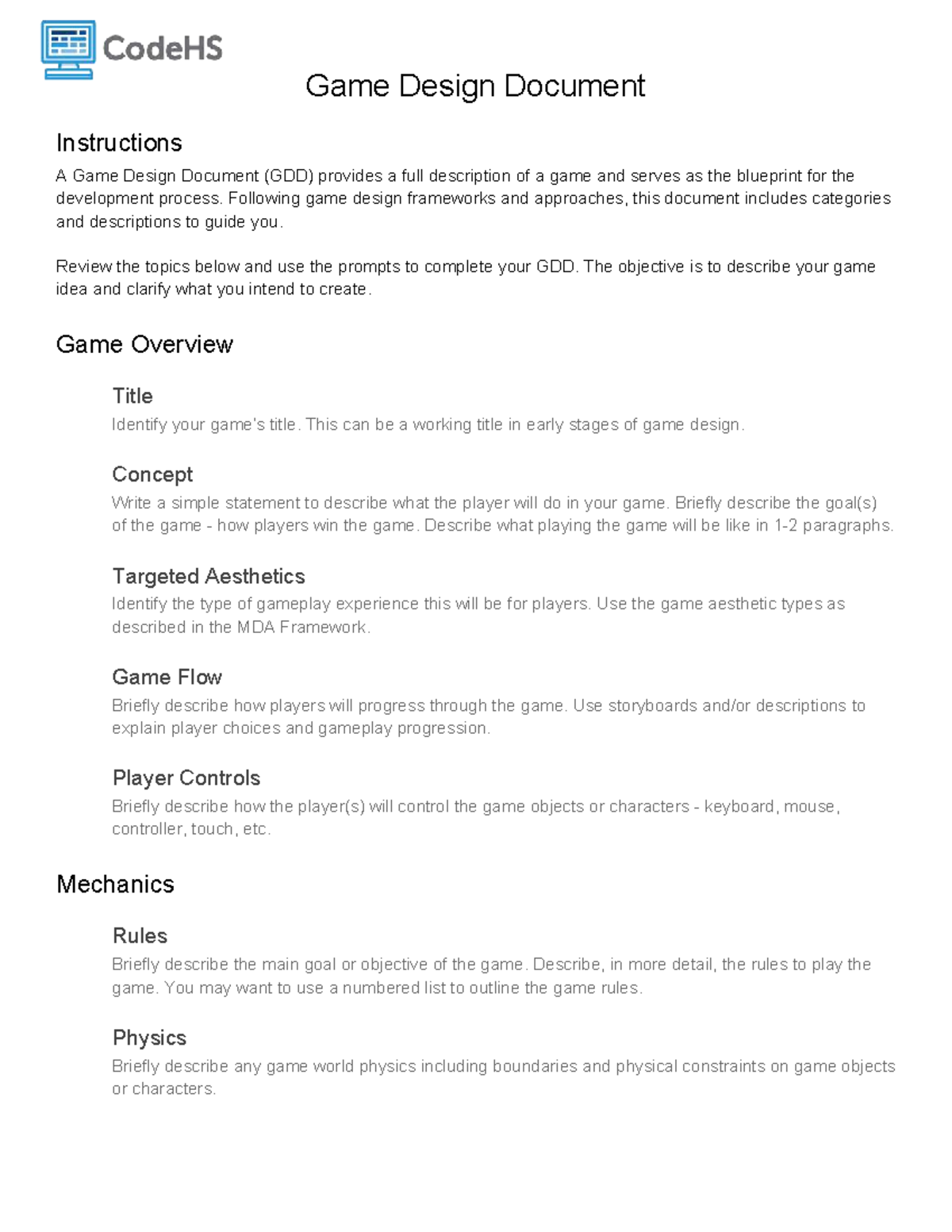 Game Design Document Instructions (GDD) for Game Development - Studocu