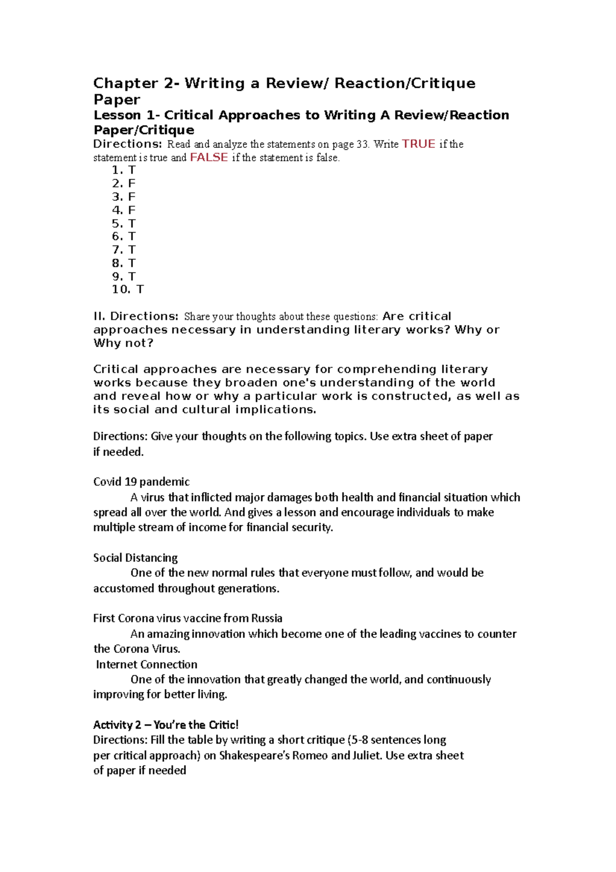 English for Academic Purposes - Chapter 2- Writing a Review/ Reaction ...