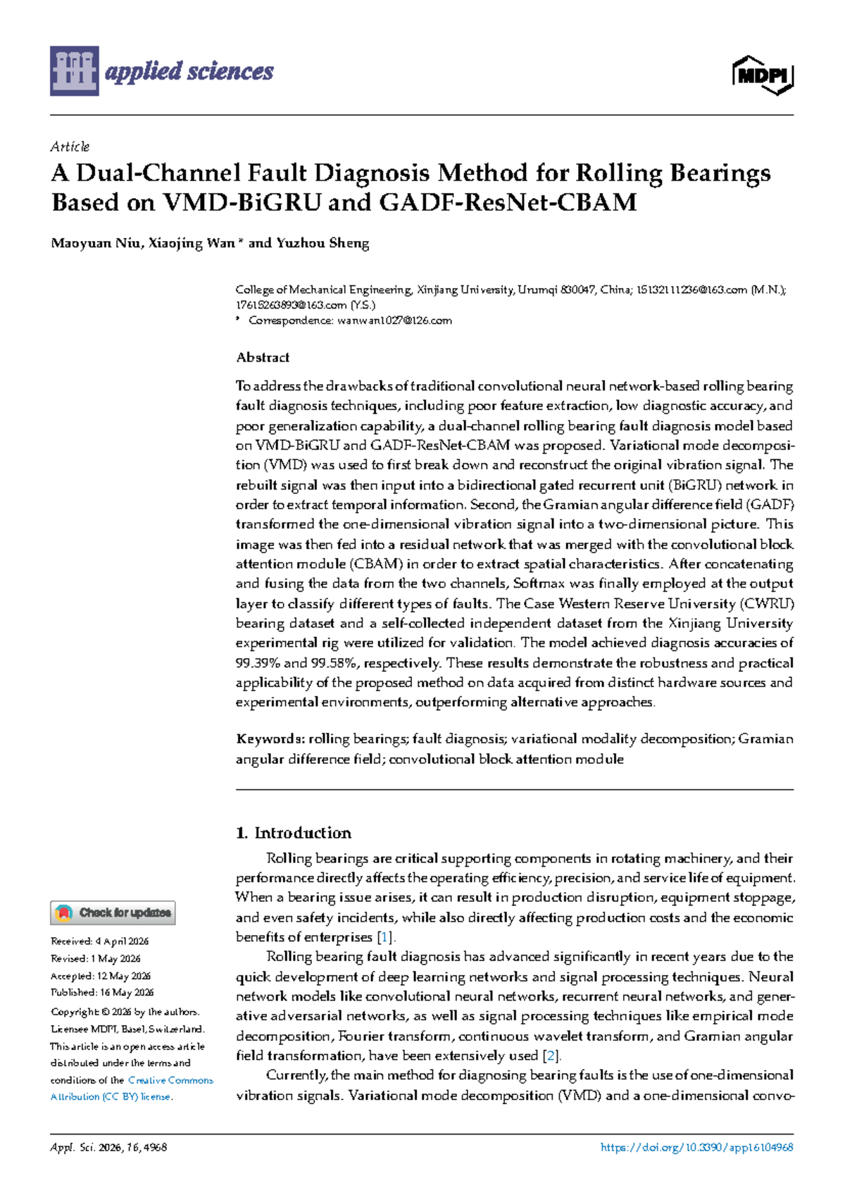 A Fault Diagnosis Method for Rolling Bearings Using VMD and BiGRU (Appl ...