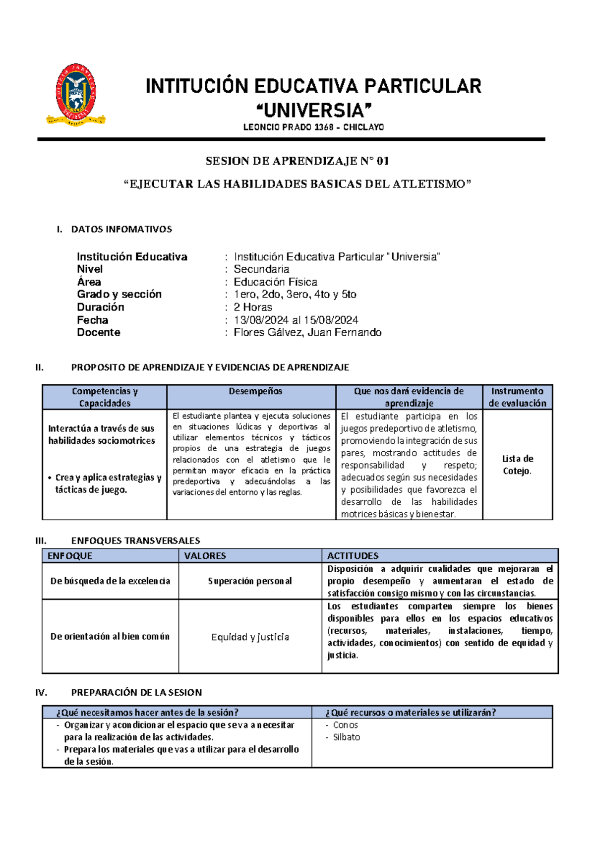 Sesión de Aprendizaje N° 01 - Habilidades Básicas de Atletismo - Document Preview
