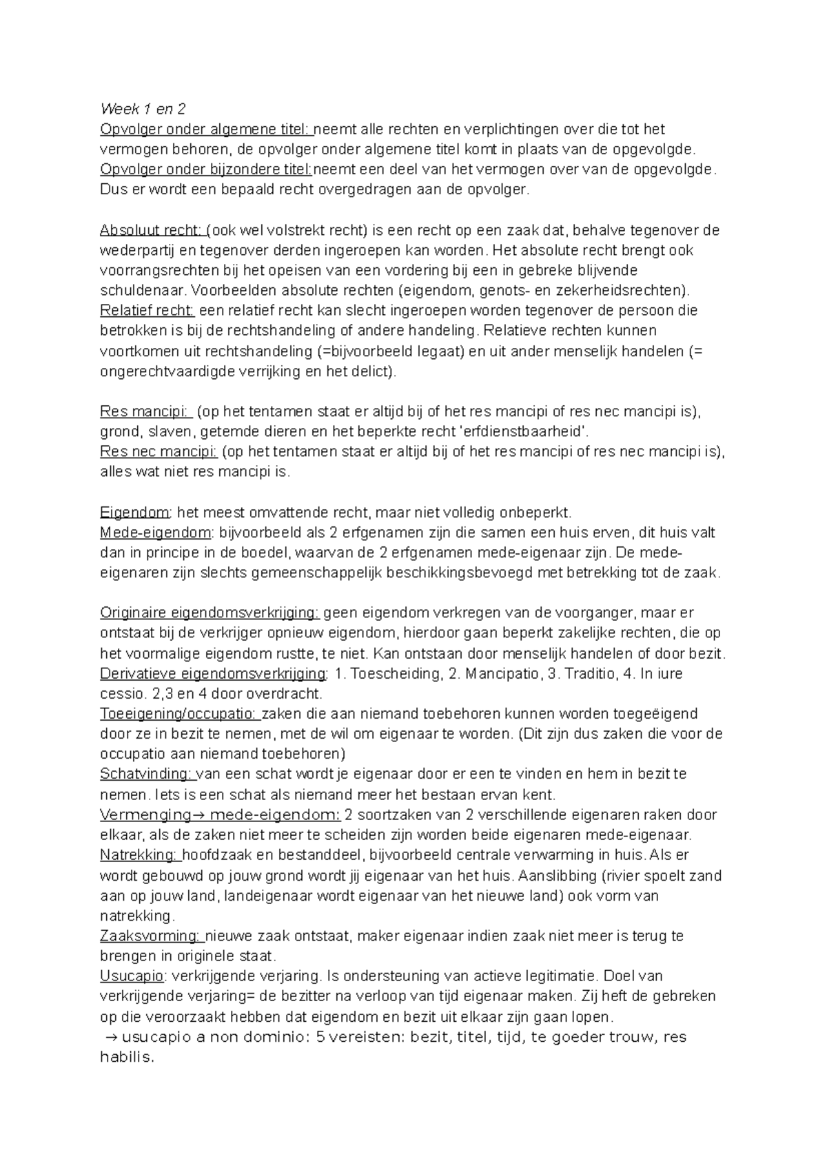 Romeins recht: Notities over Eigendom en Bezit (Week 1-3) - Studeersnel