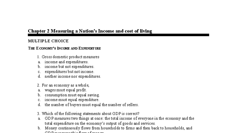 Chapter 2: Measuring a Nation's Income and Cost of Living - MCQs - Studocu