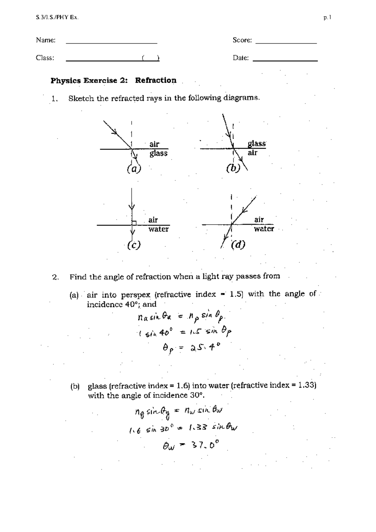 02 PHY Exercise - Refraction Answers and Score Sheet - Studocu