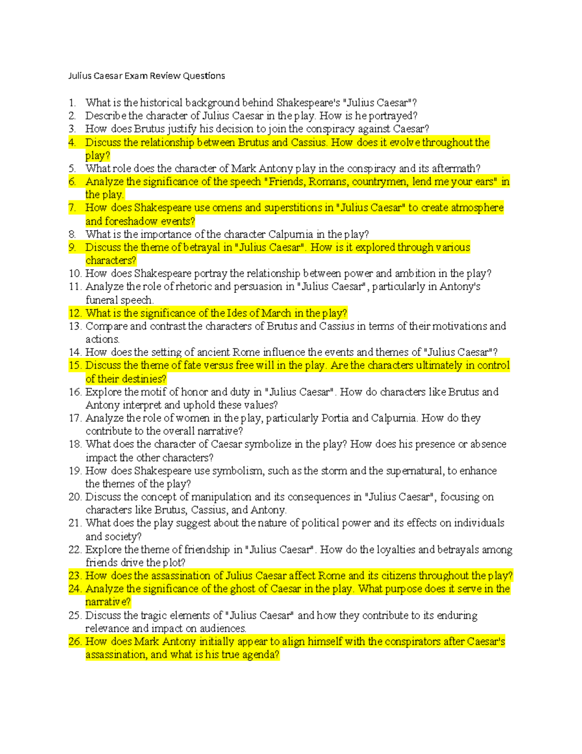 Julius Caesar (ENG 101) Final Exam Review Questions and Insights - Studocu