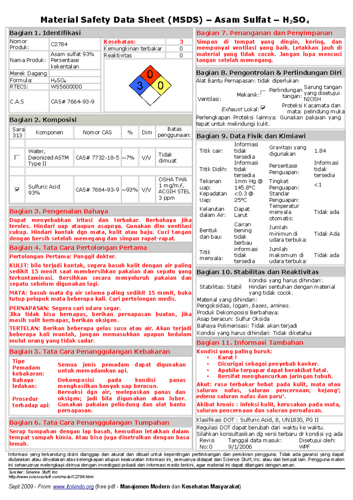 MSDS H2SO4 - Asam Sulfat: Panduan Keselamatan (Bahasa Indonesia) - Studocu