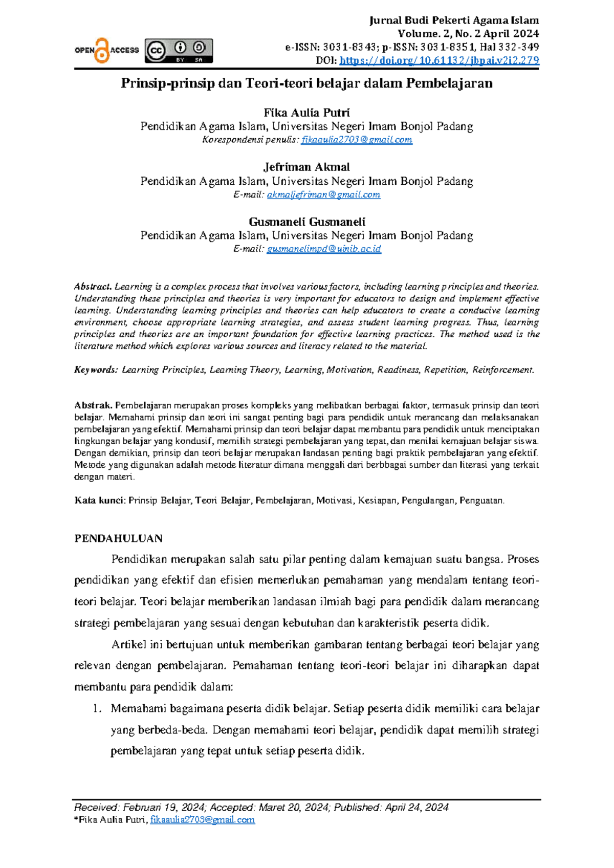 Jurnal Pendidikan Agama Islam (JBPAI) Vol. 2, No. 2, April 2024: Teori ...