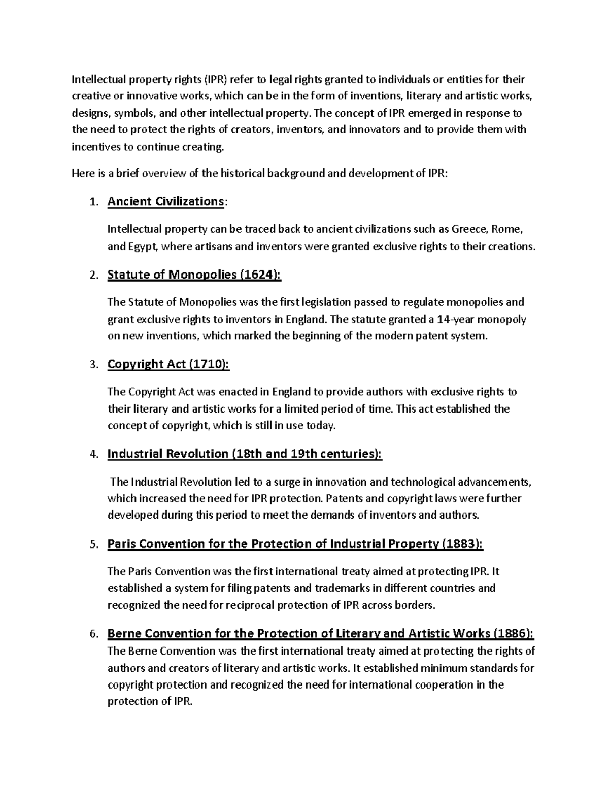 Historical Development of Intellectual Property Rights (IPR) - Studocu