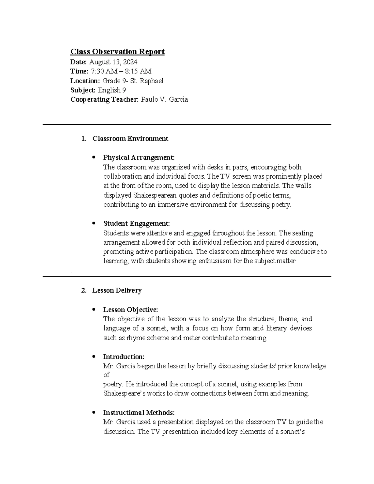 WEEK 3 - COR - Class Observation Report - Class Observation Report Date ...