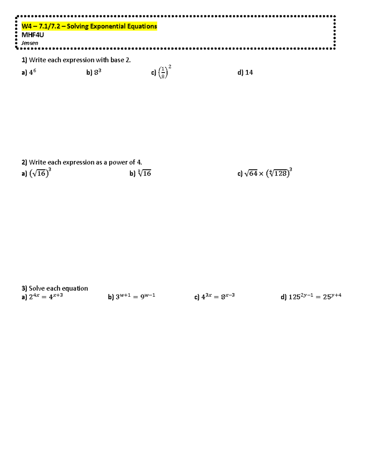 CYU - Solving Exponential Equations - W 4 – 7.1/7 – Solving Exponential ...