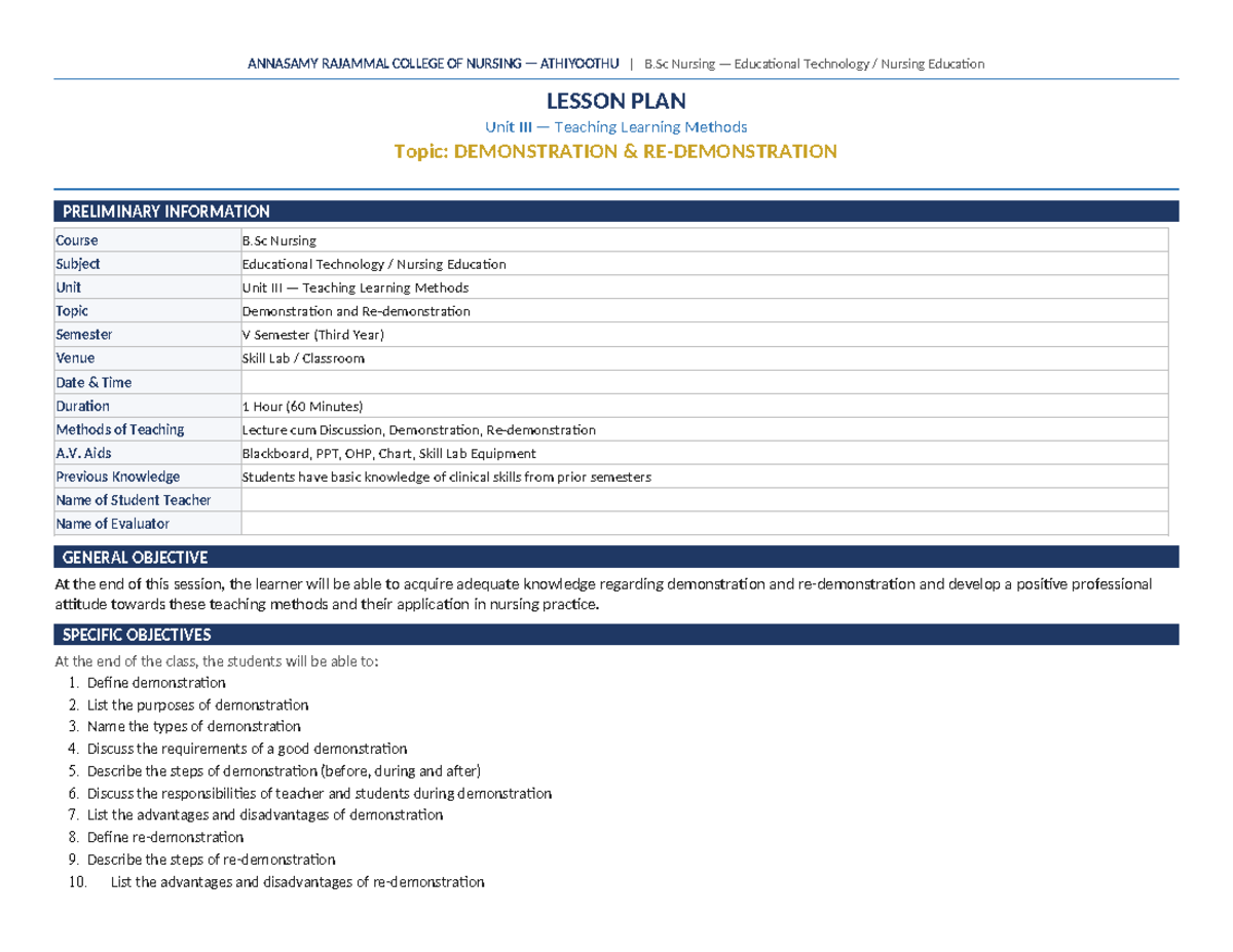 B.Sc Nursing Educational Technology Nursing Education Lesson Plan ...