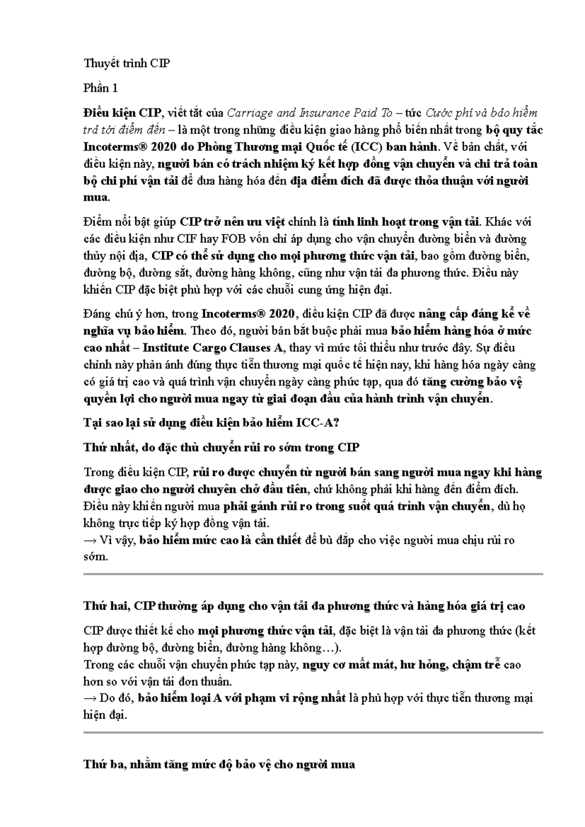 Thuyết trình CIP: Điều kiện Carriage and Insurance Paid To - Studocu
