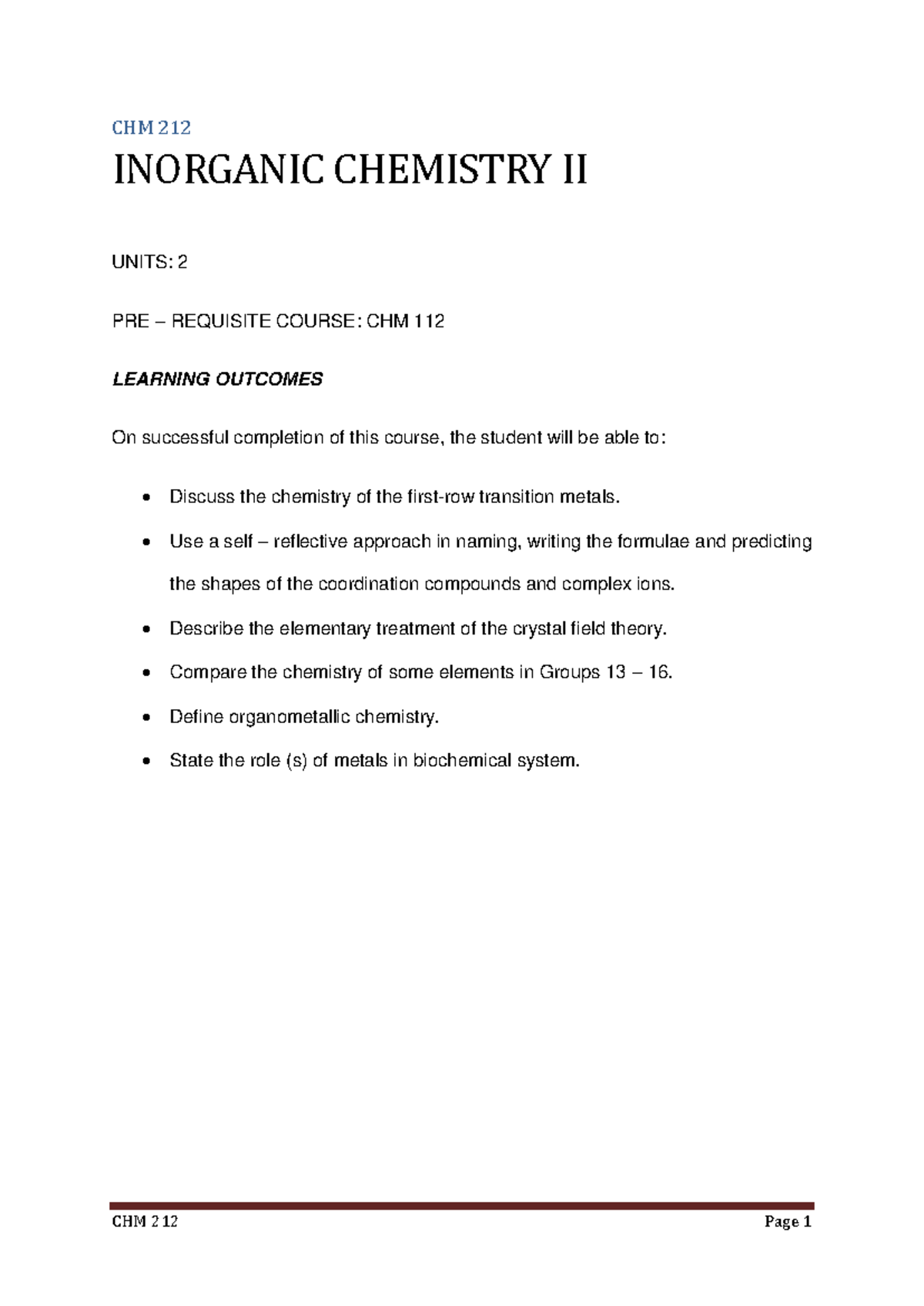 CHM 212 Inorganic Chemistry II Class Notes - 2023 - Document Preview