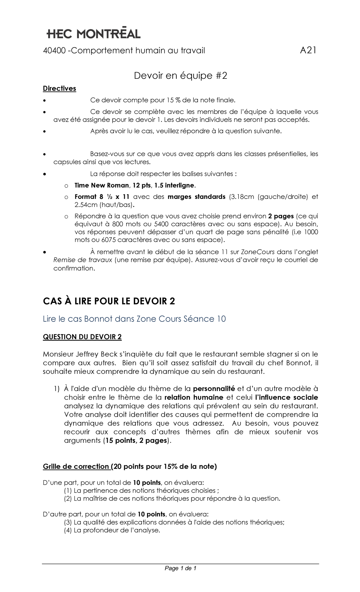 40400 Humain au Travail A21 Devoir 2: Analyse des Relations au ...