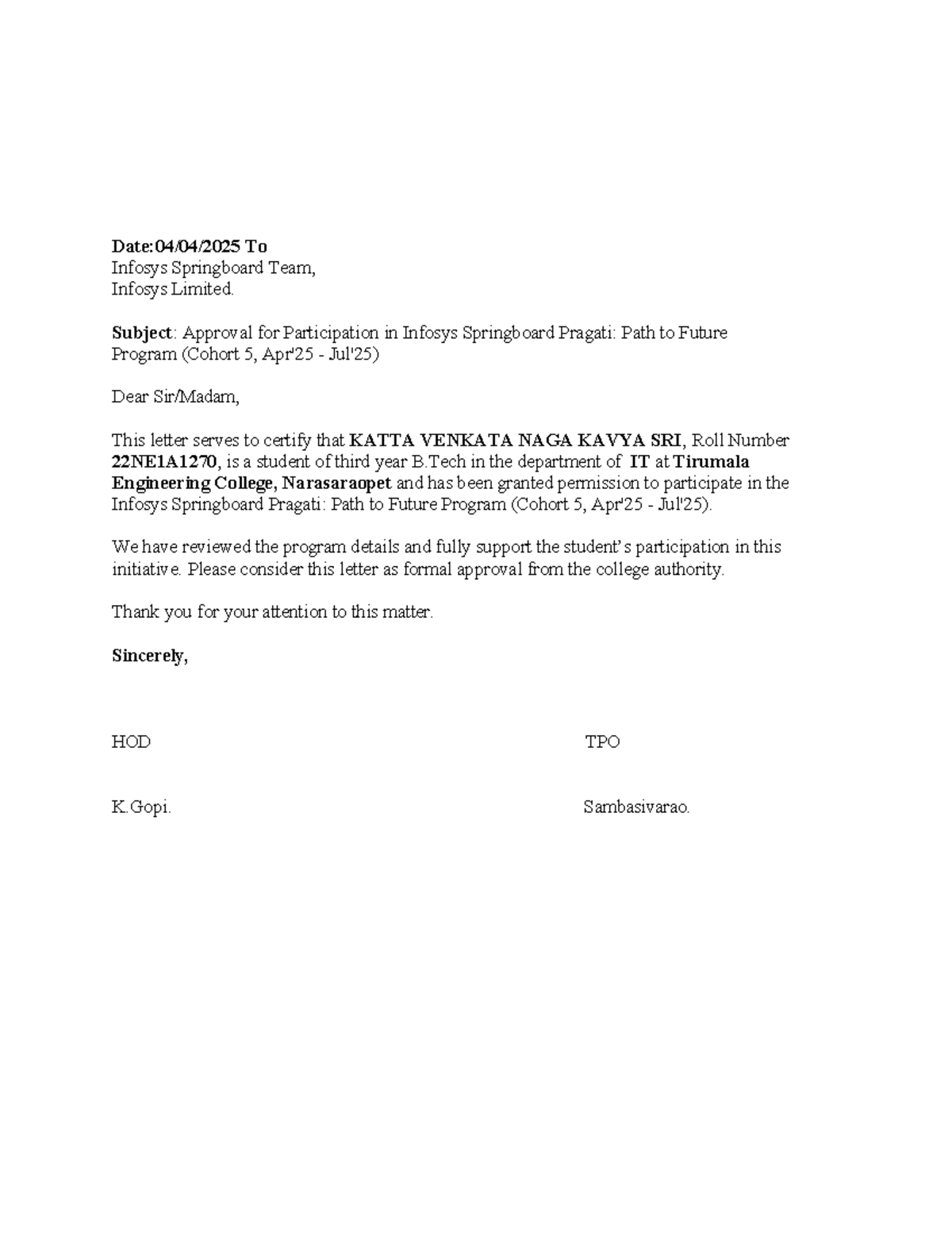Infosys Springboard Pragati Program Approval Letter - Cohort 5 - Studocu