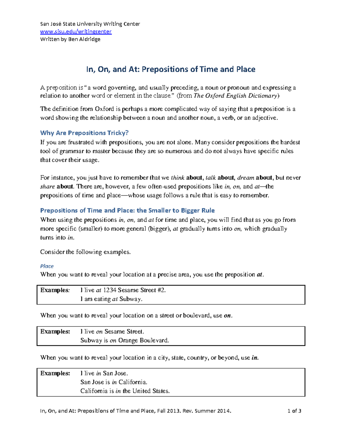 Prepositions of Time and Place - Rev. Summer 2014. 1 of 3 In, On, and ...