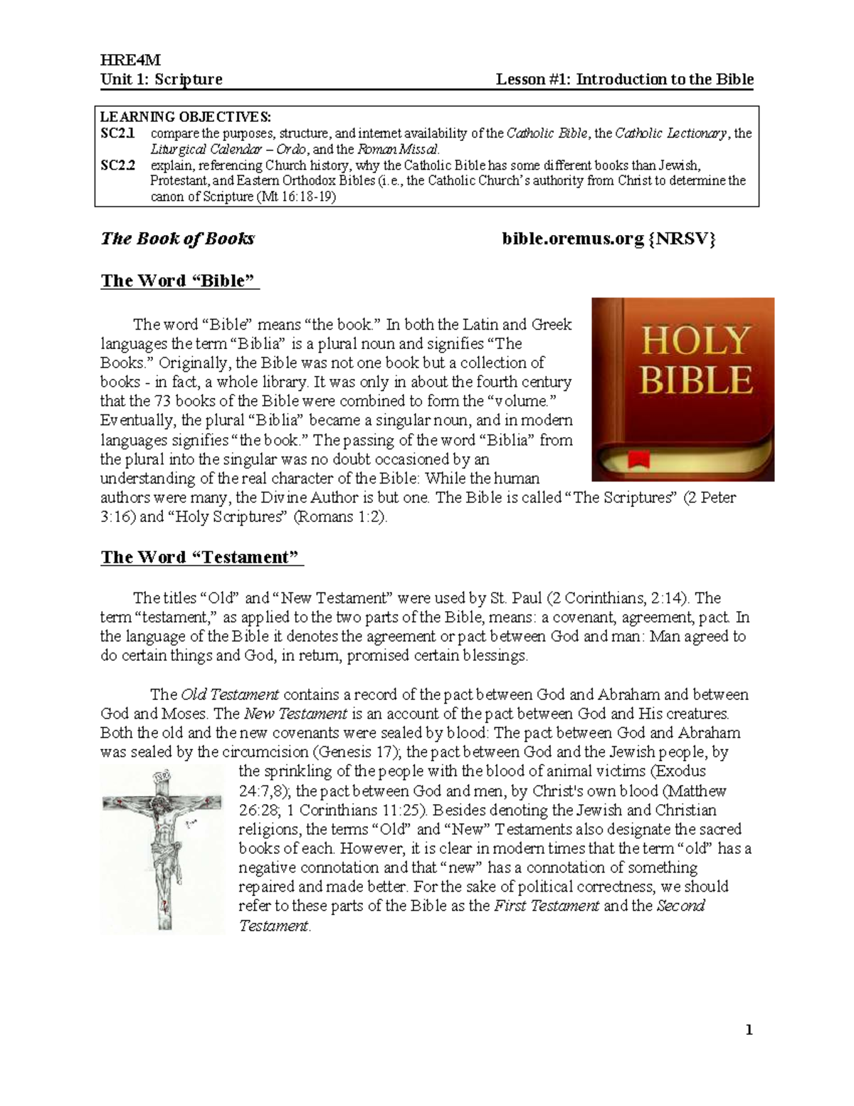 HRE4M Unit 1: Scripture Lesson 1 - Introduction to the Bible Overview ...