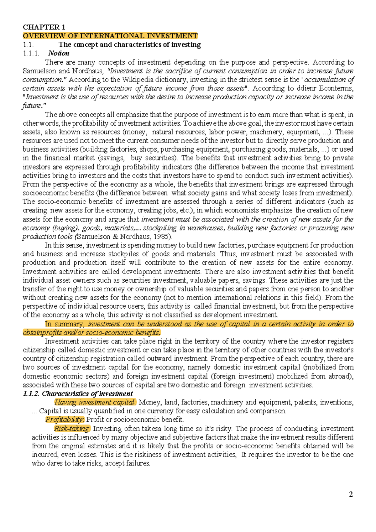 CHAPTER 1: OVERVIEW OF INTERNATIONAL INVESTMENT AND ITS CHARACTERISTICS ...