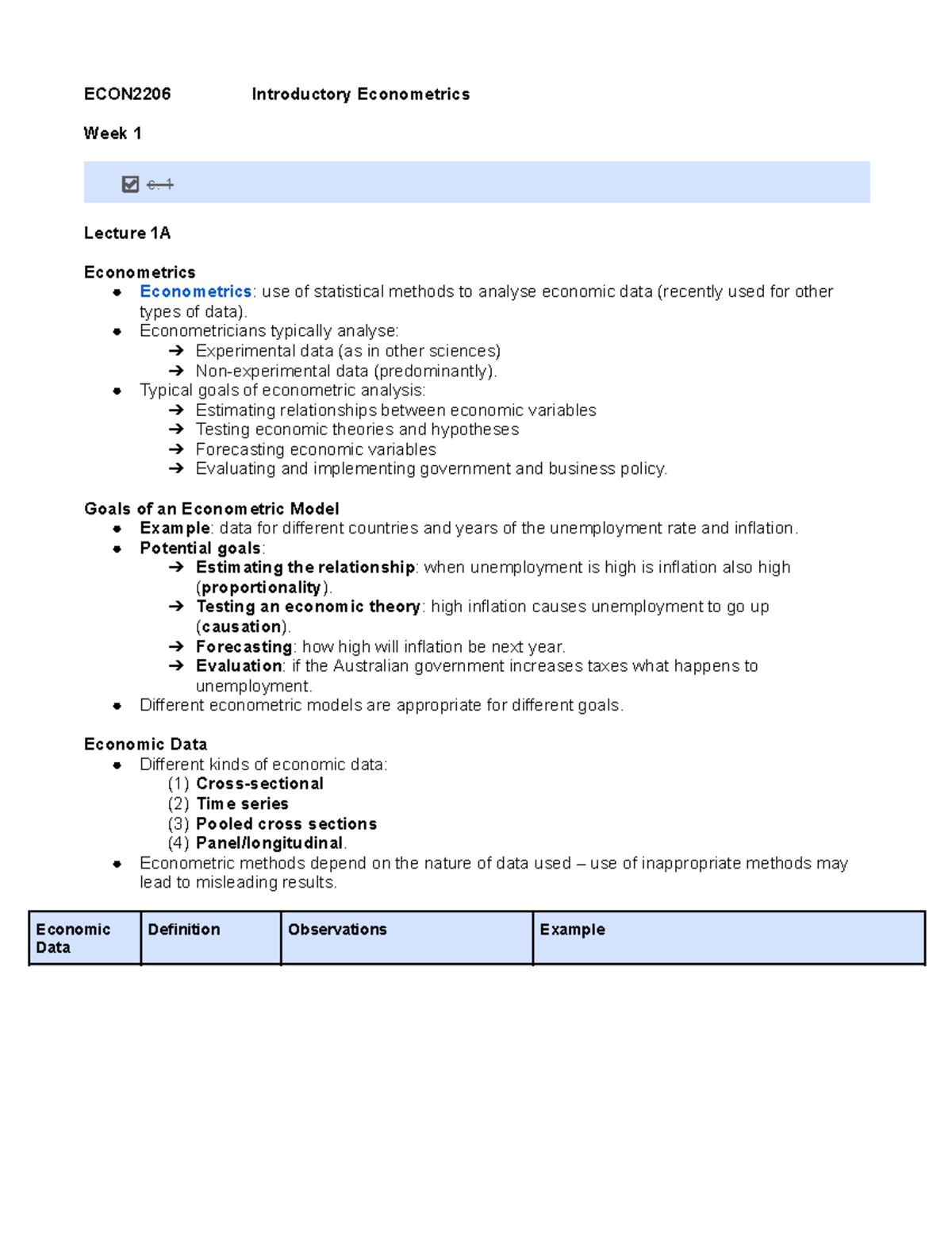 ECON2206 Final Exam Notes: Introductory Econometrics Week 1-3 - Studocu