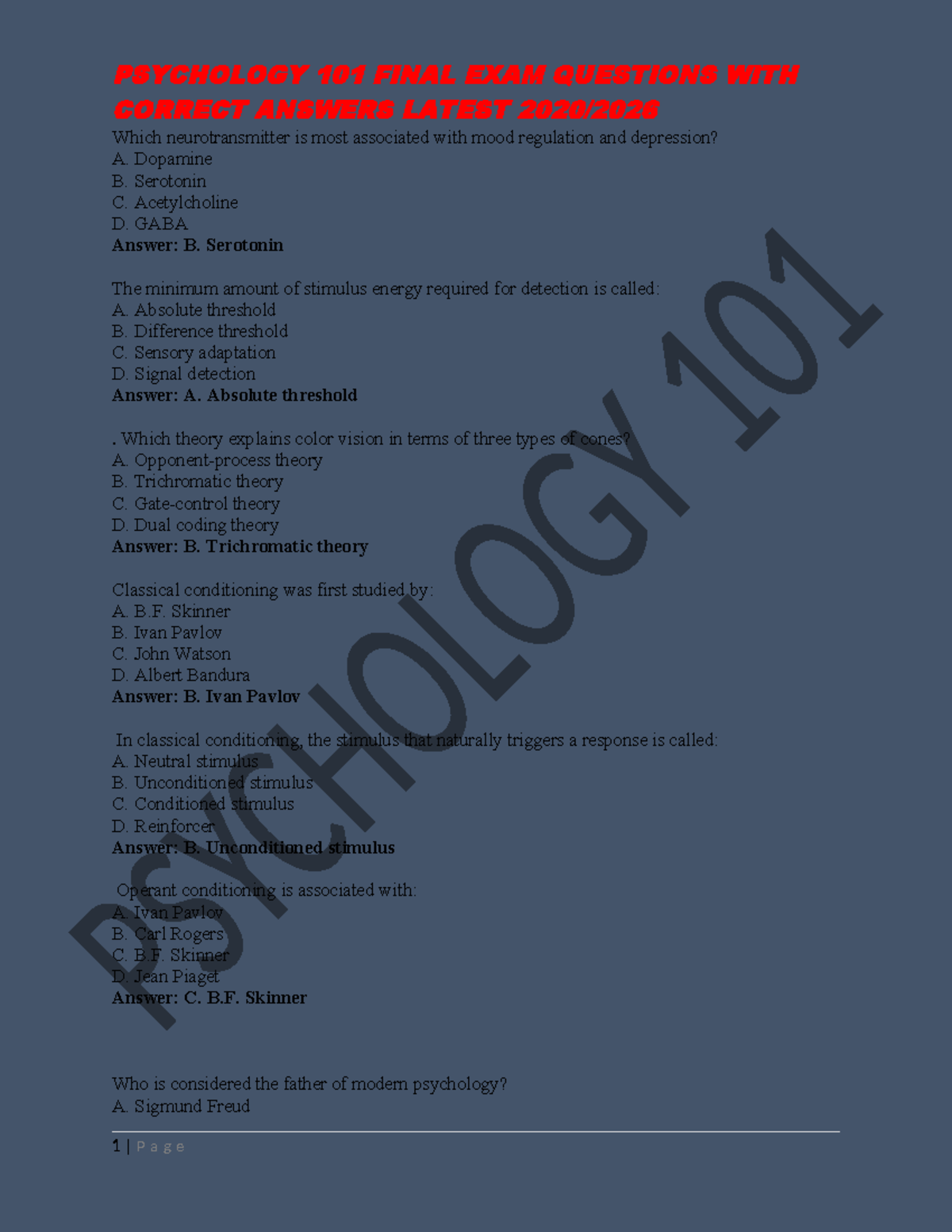 PSYCHOLOGY 101 FINAL EXAM QUESTIONS & ANSWERS (2020-2026) - Studocu