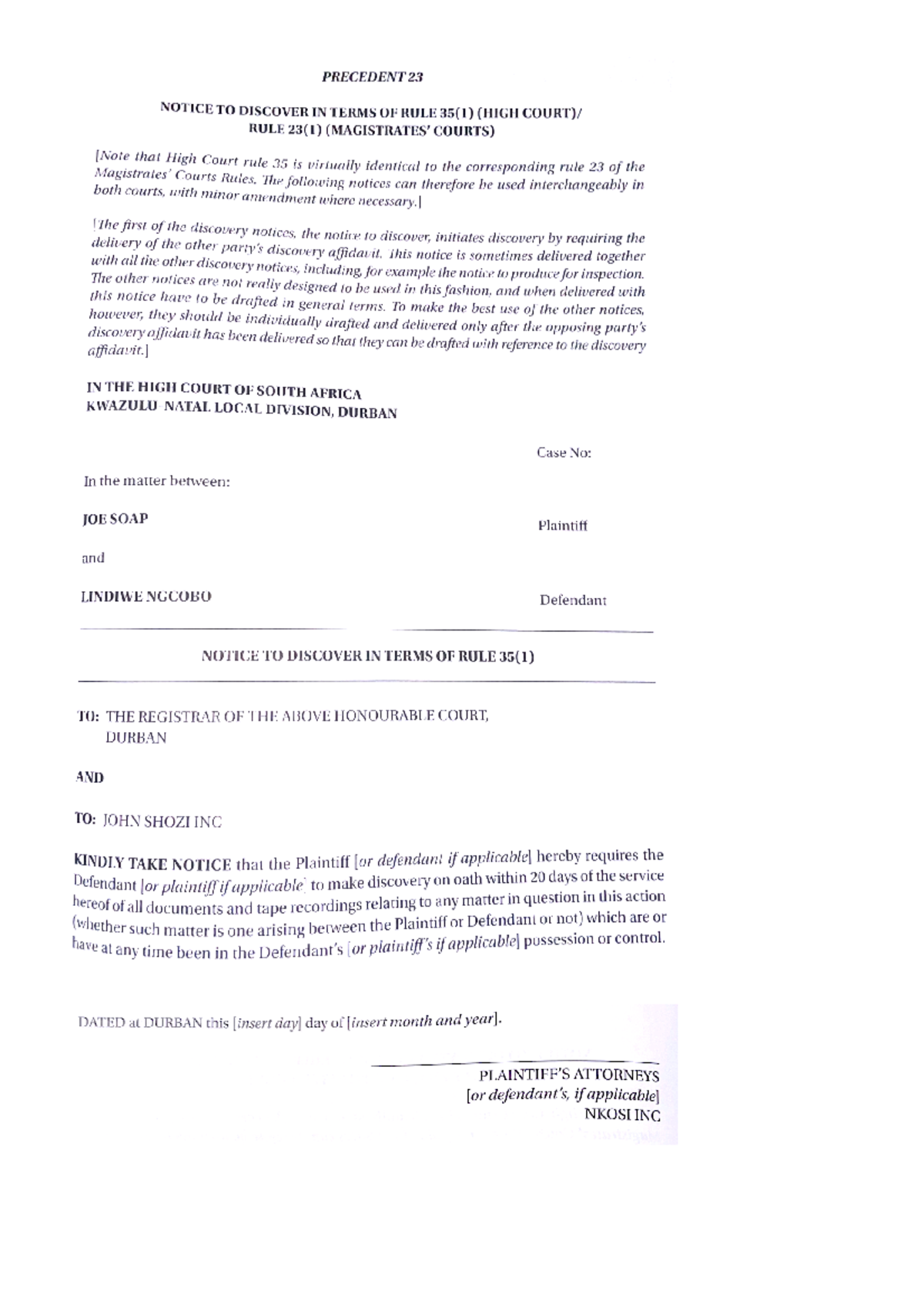 Notice to Discover: Draft per Rule 35(1) Procedure - Studocu