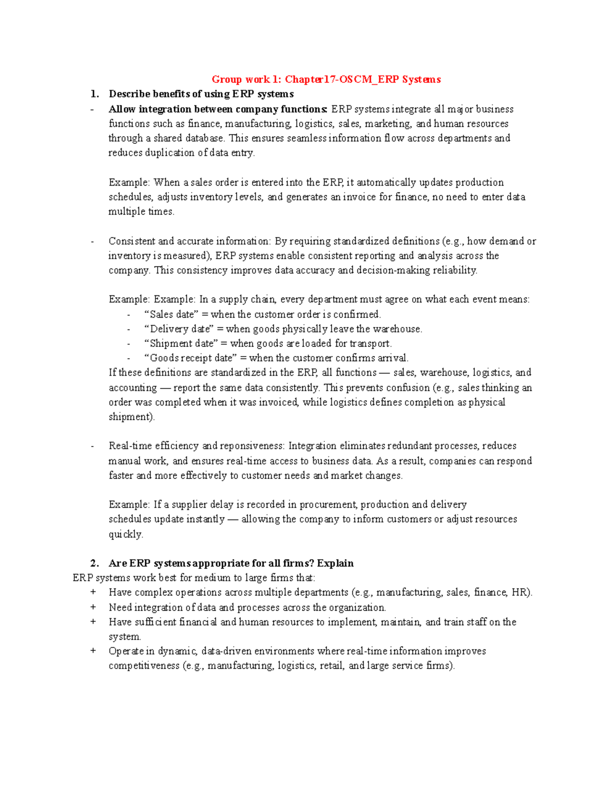 Group Work 2: ERP Systems Benefits and Implementation Insights - Studocu