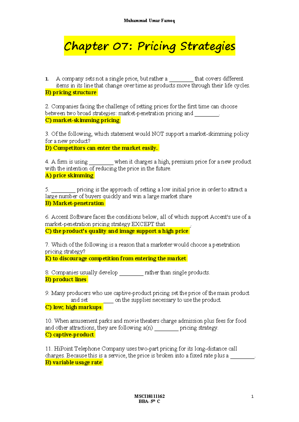 Final Exam MCQs - Marketing Strategies and Pricing Covered - Studocu
