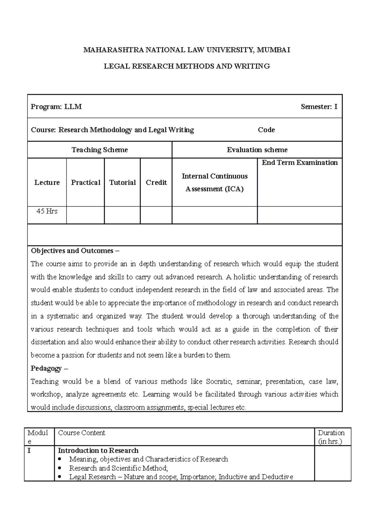 RM LLM 2023 Syllabus: Legal Research Methods & Writing - Studocu