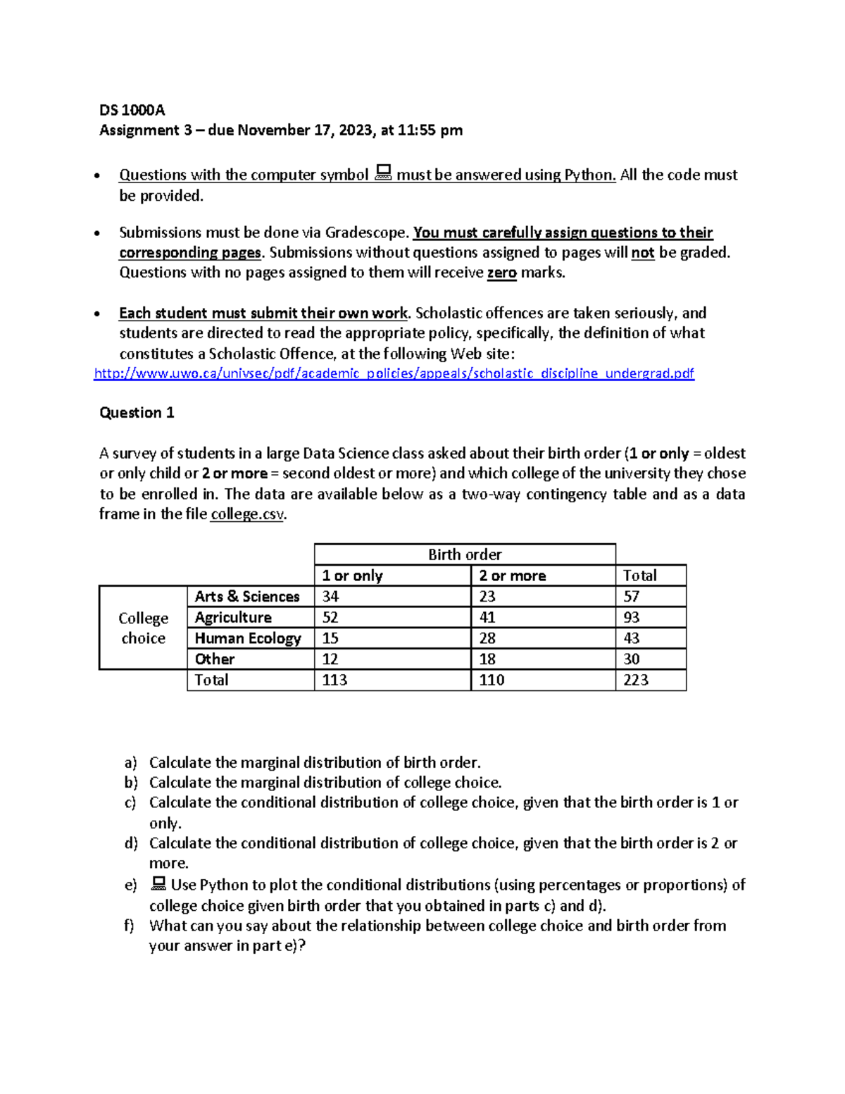 Assignment 3!!! - DS 1000A Assignment 3 – due November 1 7 , 202 3 , at ...