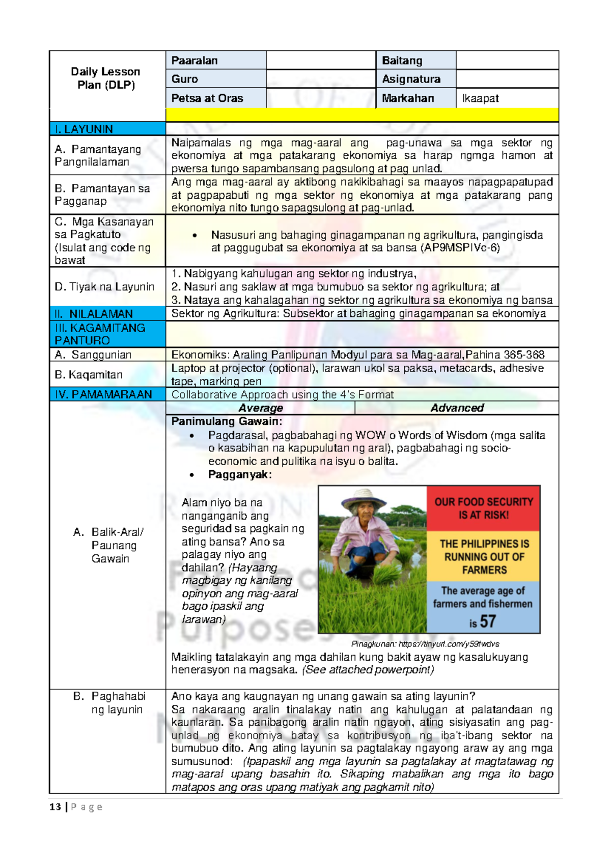 Daily Lesson Plan (DLP) for AP 9: Sektor ng Agrikultura at Ekonomiya ...