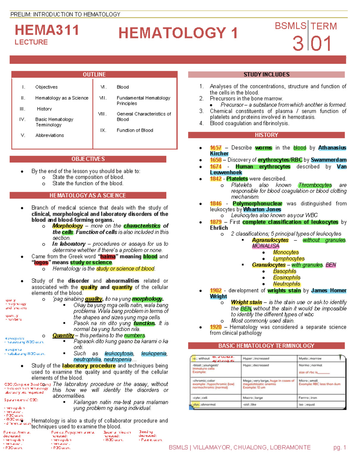 PRELIM: HEMA311 HEMATOLOGY 1 LECTURE NOTES - Studocu