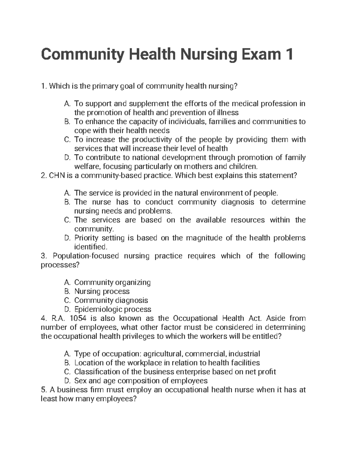 Community Health Nursing CHN: Practice Questions for Exam 1 - Studocu