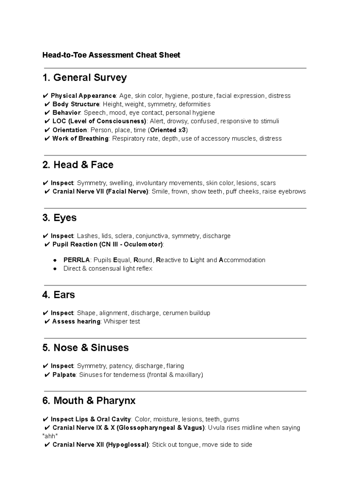 Head-to-Toe Assessment Cheat Sheet - General Survey Physical Appearance ...