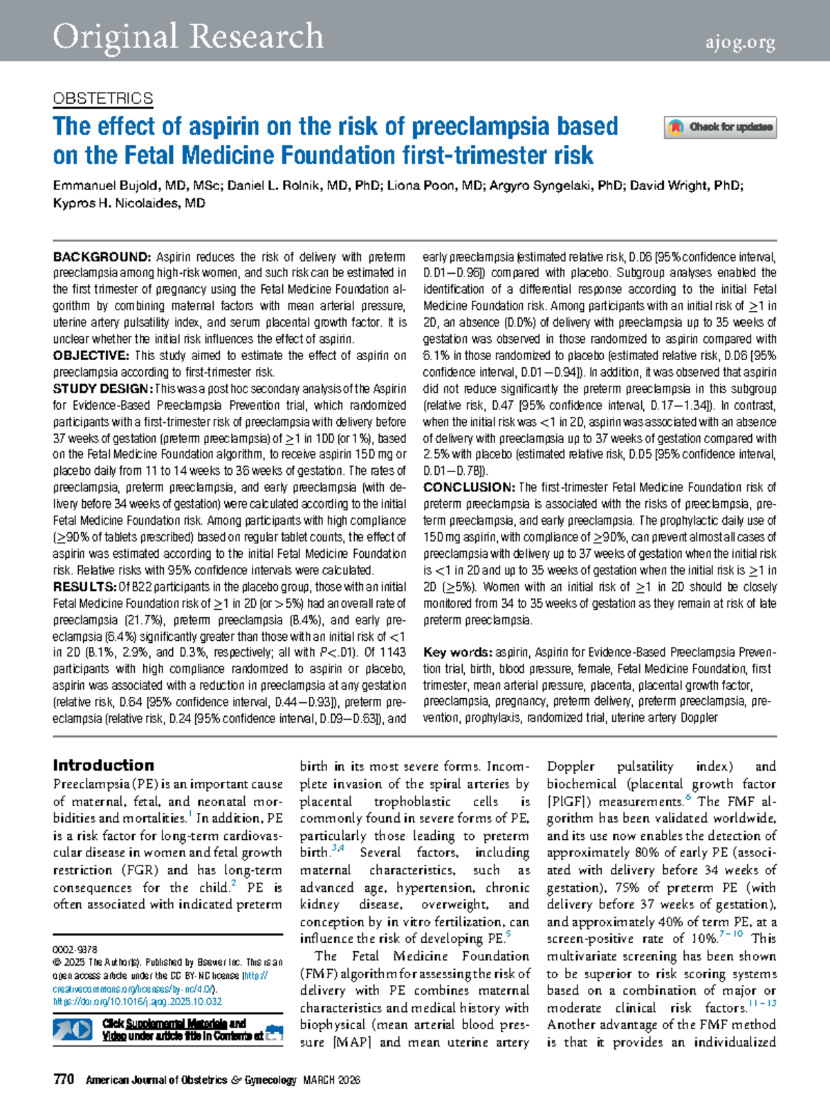 Effect of Aspirin on Preeclampsia Risk Based on FMF Algorithm ...