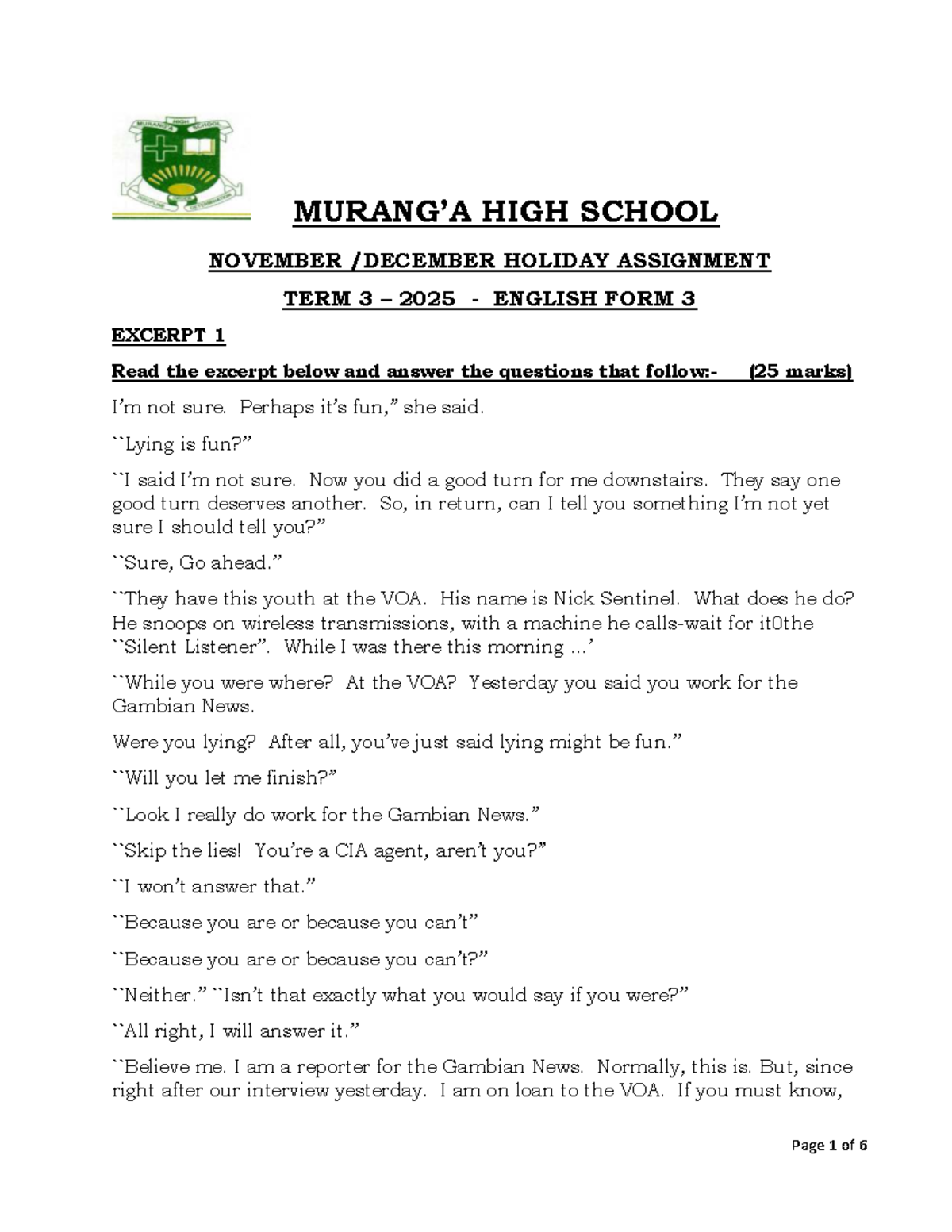 ENGLISH FORM 3 TERM 3 NOVEMBER ASSIGNMENT EXCERPTS & QUESTIONS - Studocu