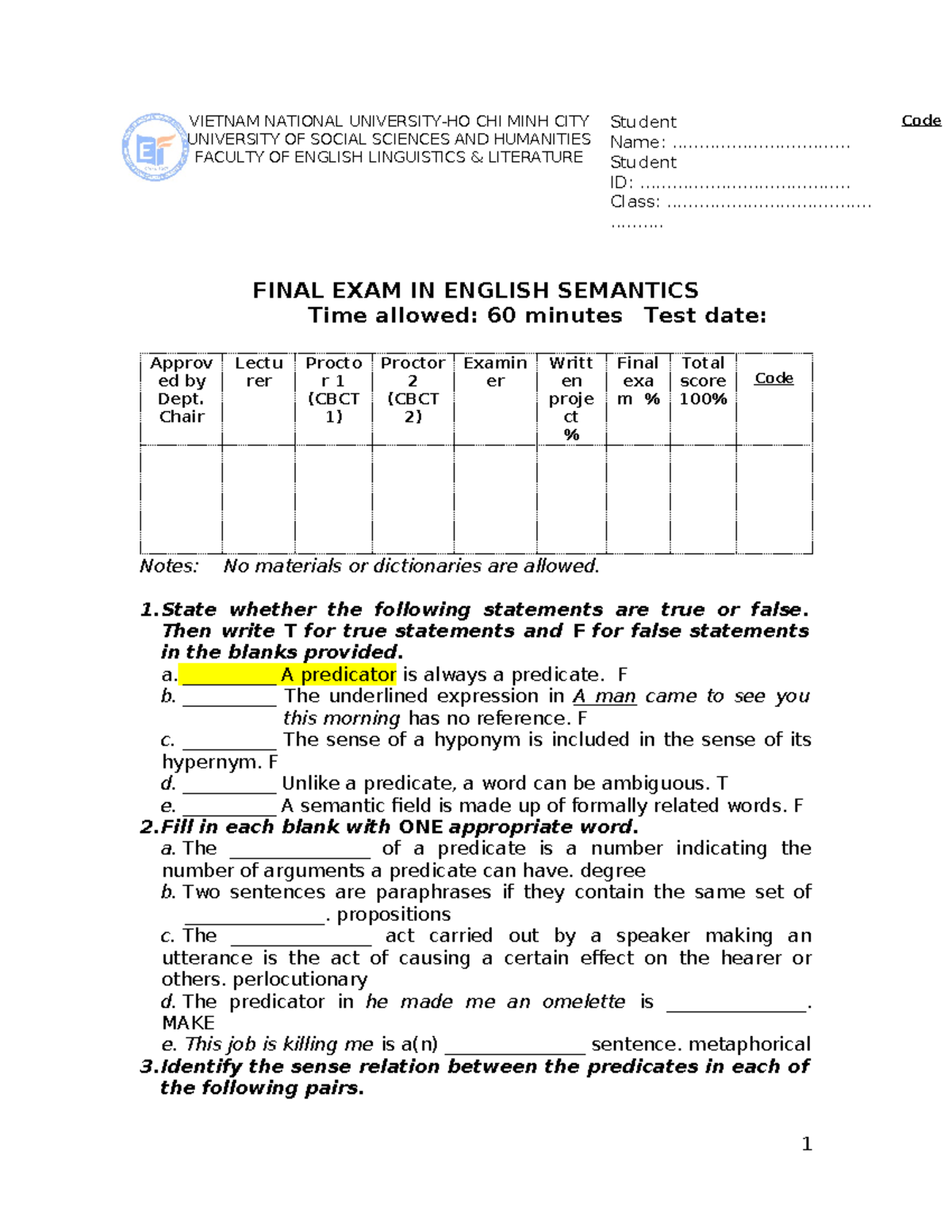CK - Final Exam in English Semantics (Course Code: HSEGSEG) - Studocu