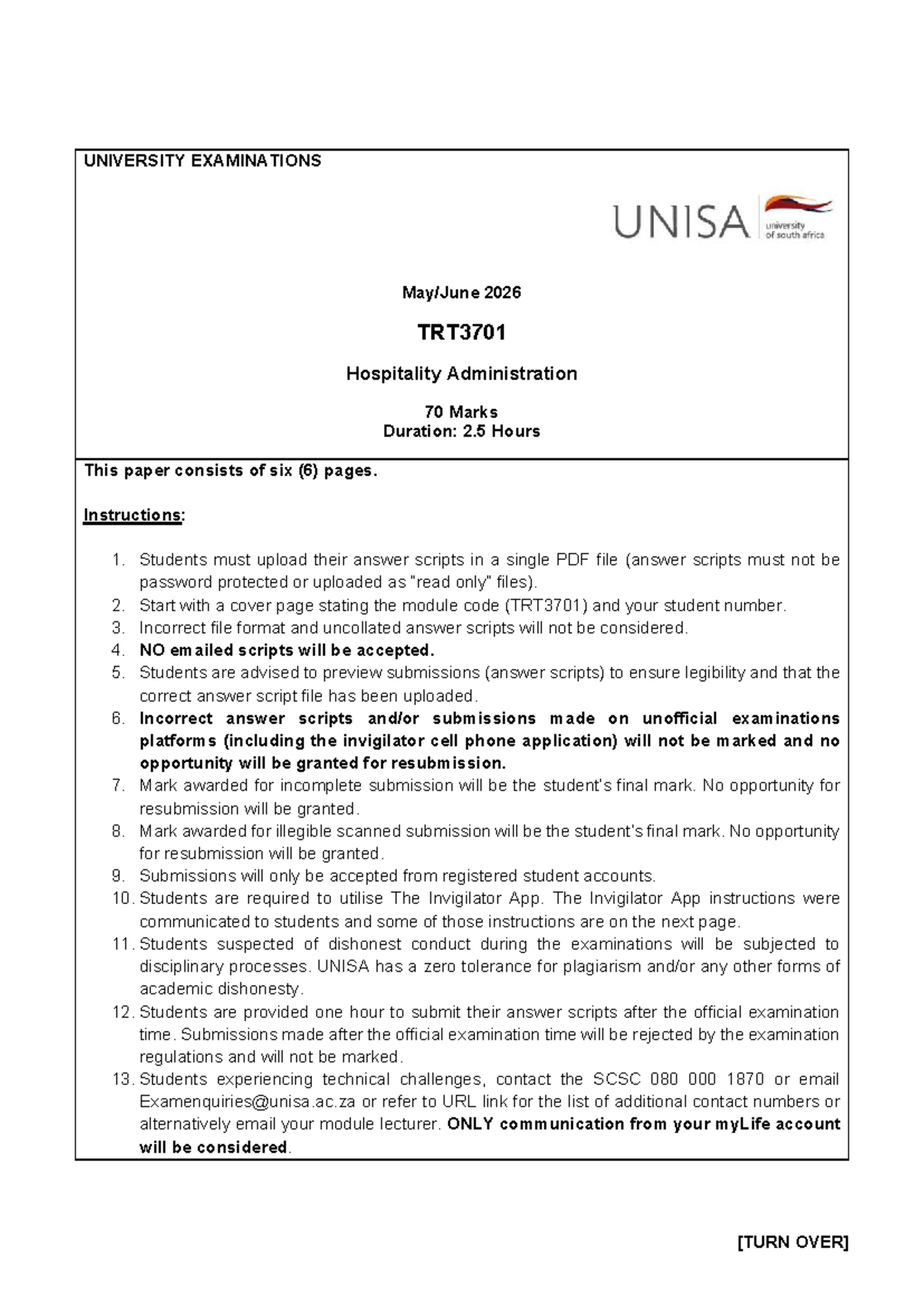 TRT3701 Final Exam Guidelines and Instructions for Hospitality Admin ...