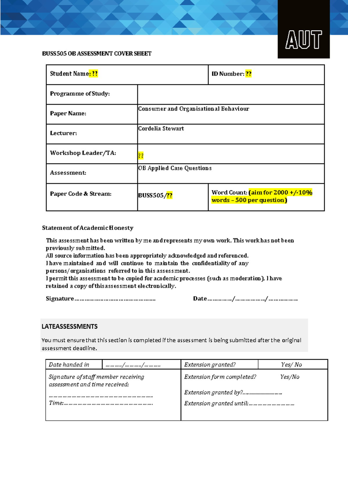 COB CB Student Template S1 2024-1 - BUSS505 OB ASSESSMENT COVER SHEET ...