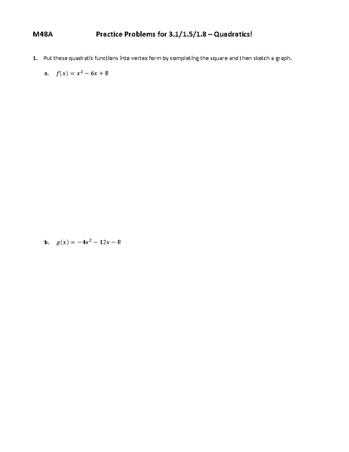 M48A Quadratics Practice Problems & Functions Worksheets - Studocu
