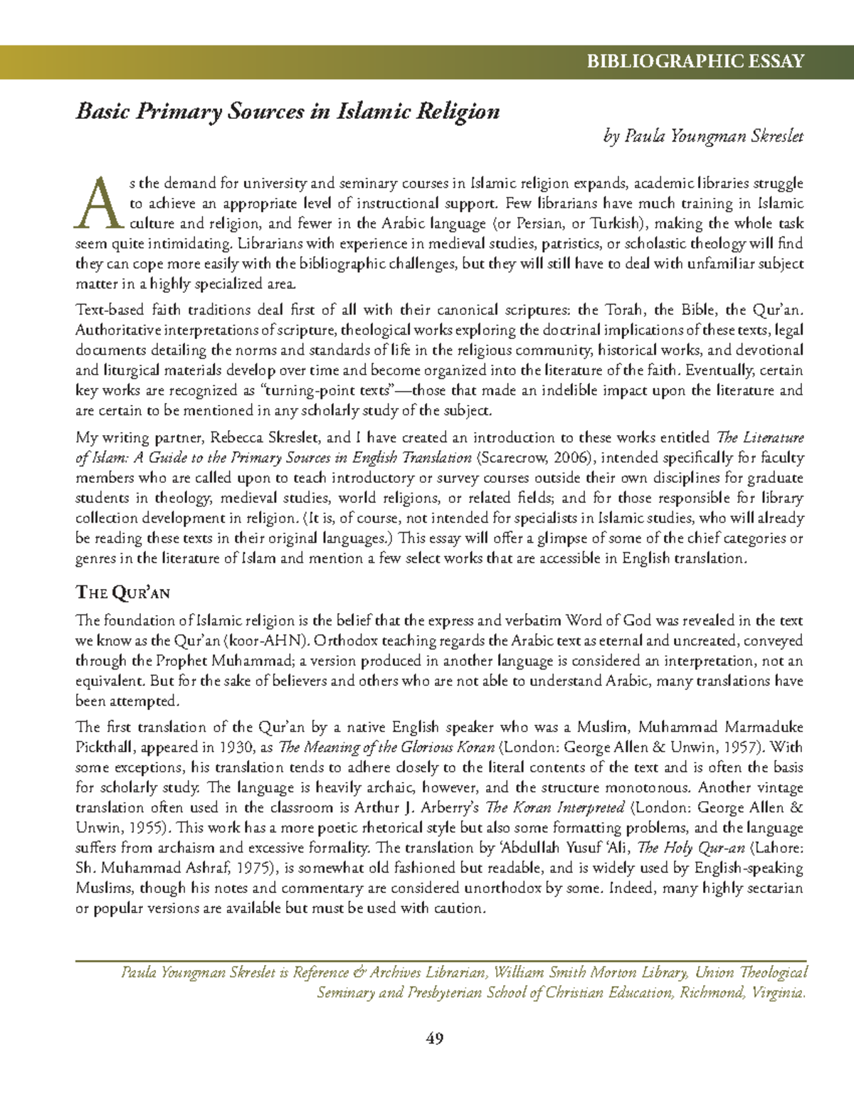 Basic Primary Sources in Islamic Religion: A Bibliographic Essay - Studocu