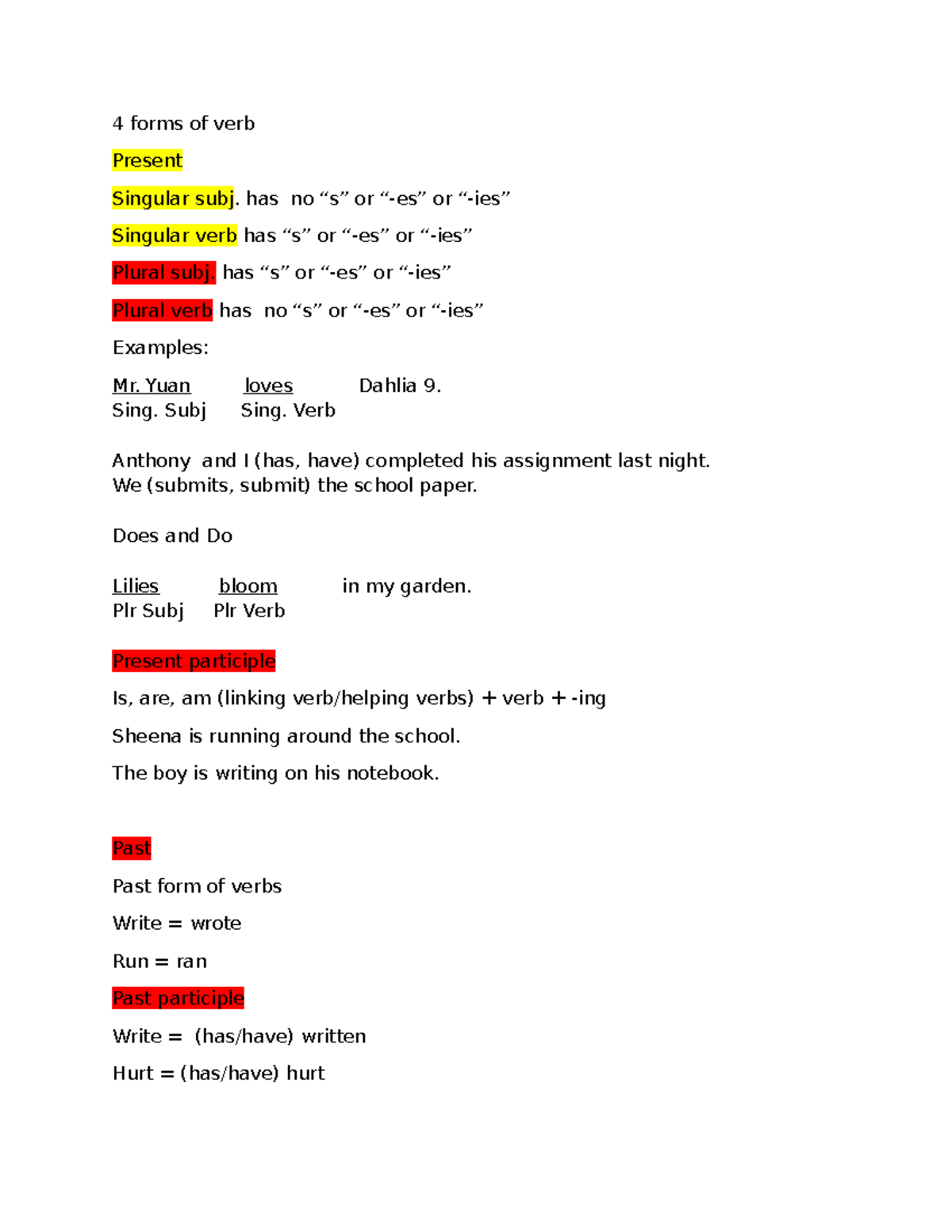 4 forms of verb - reference - 4 forms of verb Present Singular subj ...