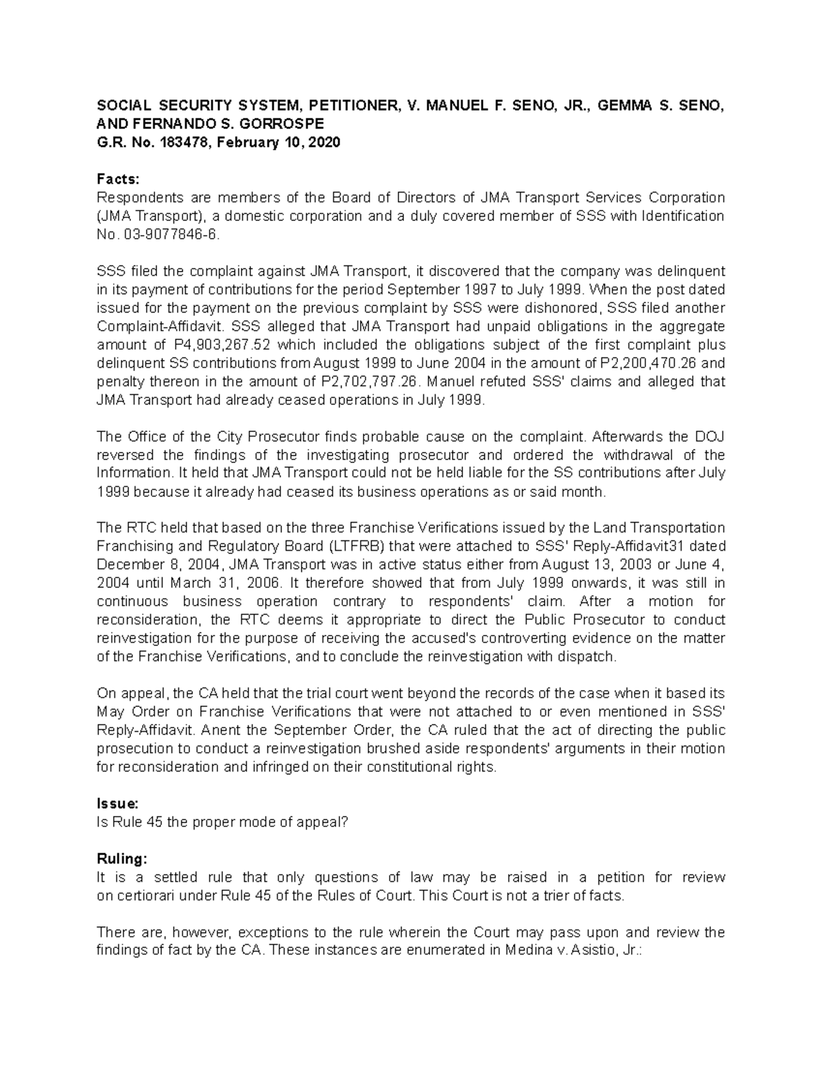 SSS vs Seño Jr - Review of Rule 45 Application and Legal Findings - Studocu