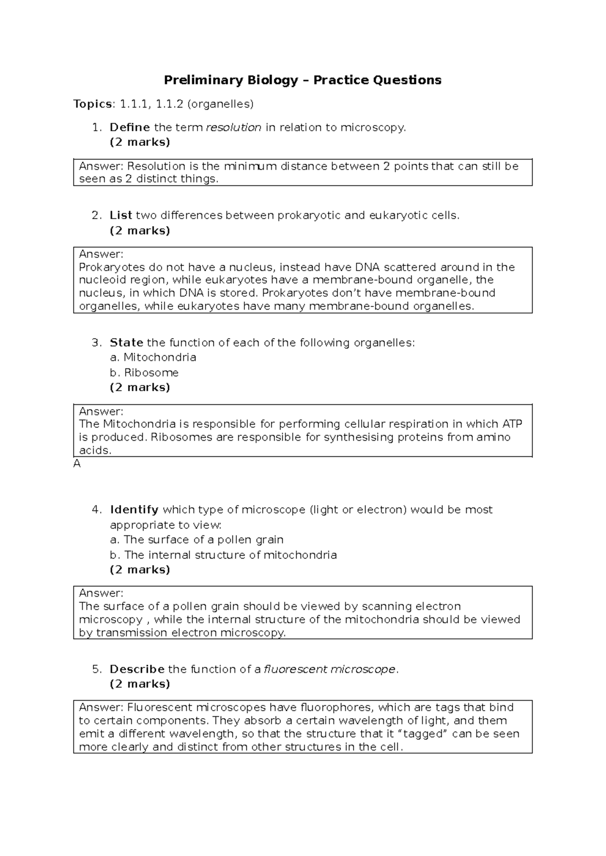 Preliminary Biology Practice Questions: Microscopy Focus (1.1.1, 1.1.2 ...