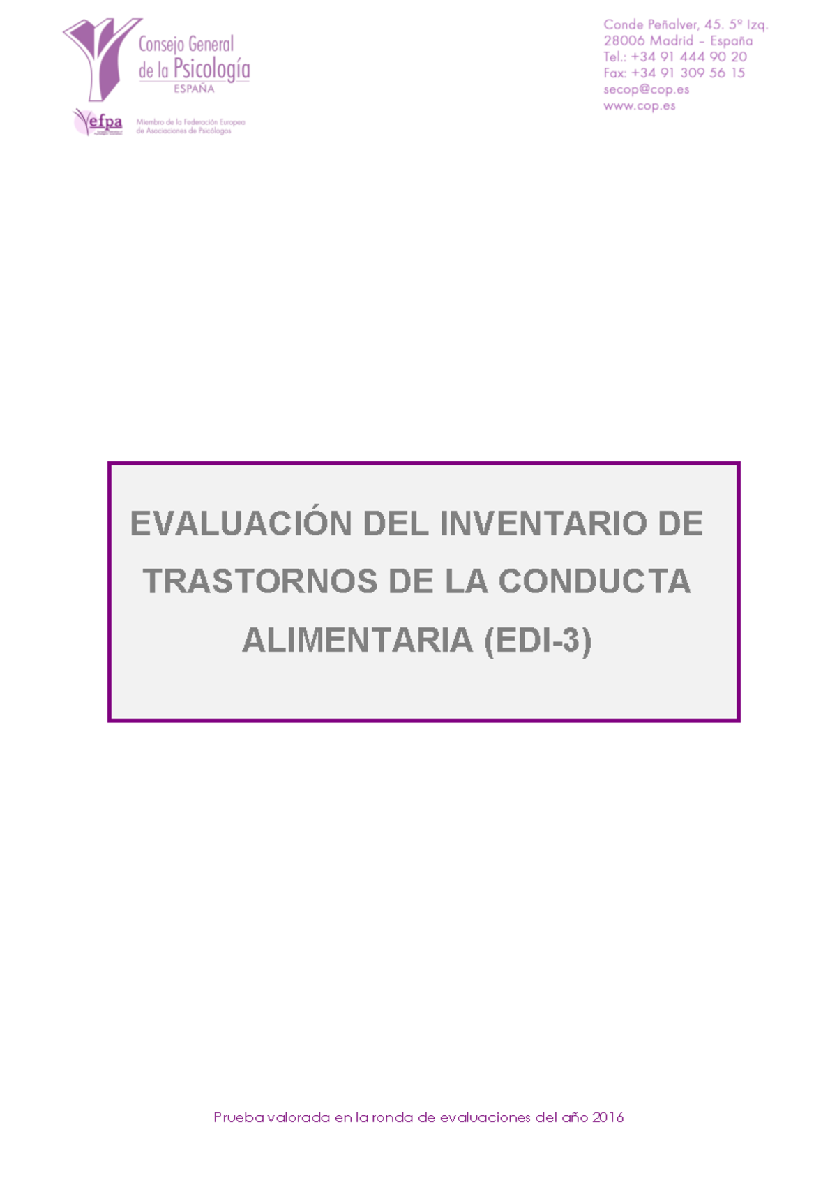 Evaluación del EDI-3: Inventario de Trastornos de la Conducta ...