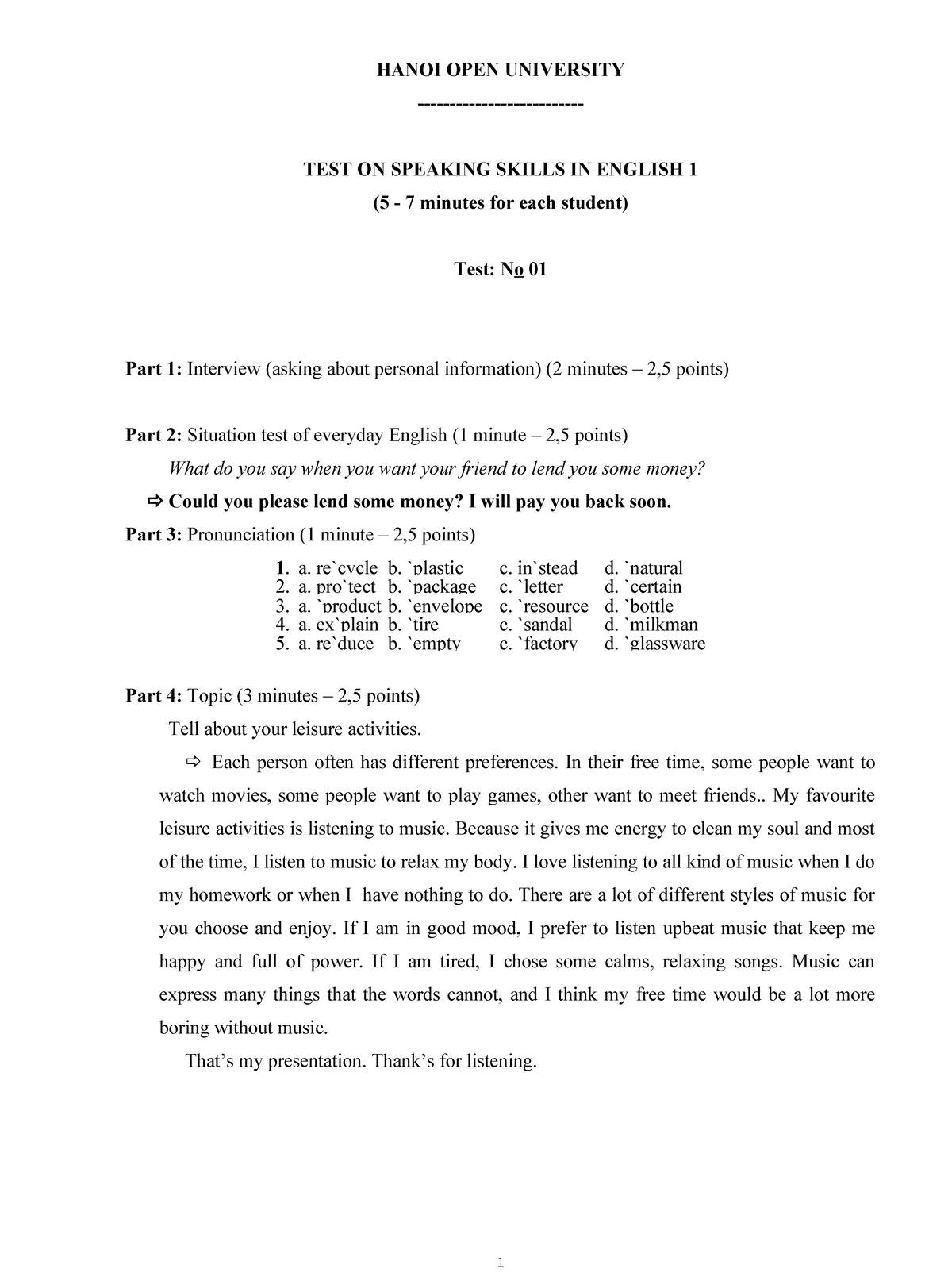 A1 - Speaking Skills Test in English 1 - Hanoi Open University - Studocu