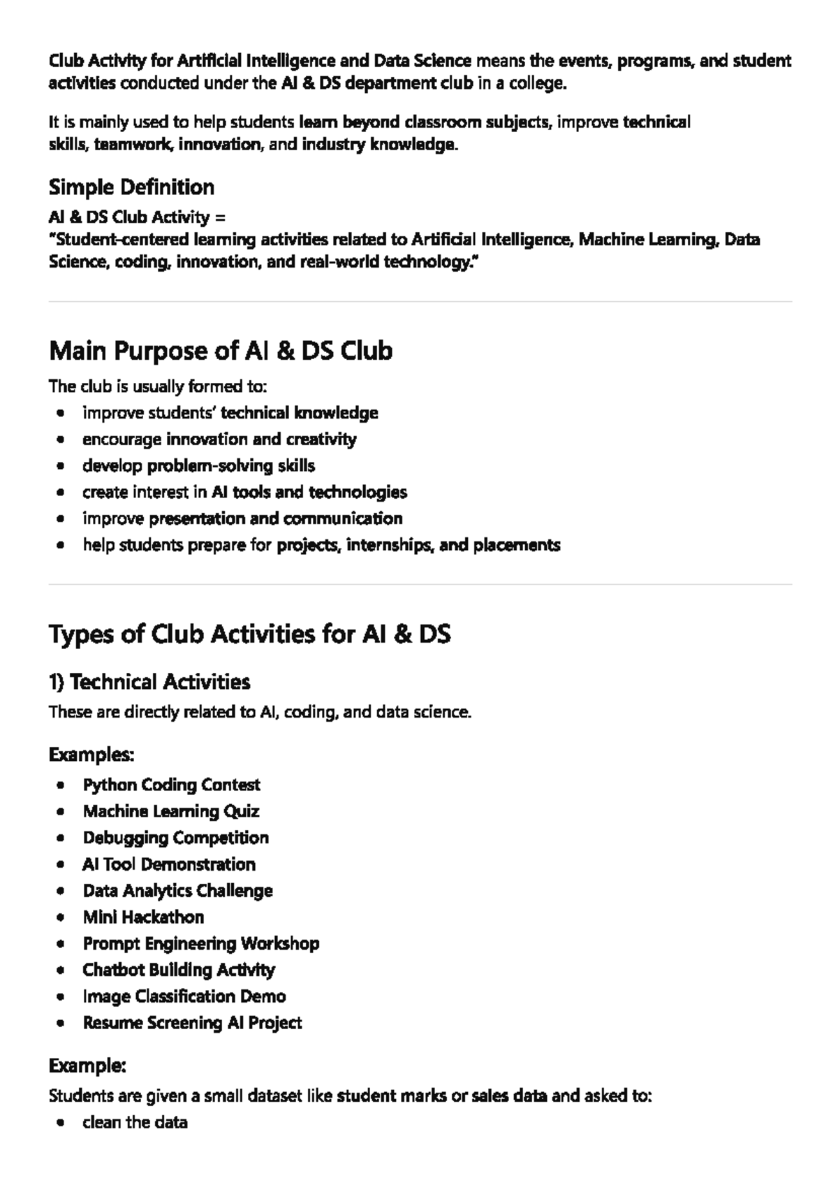 AI & DS Club Activities: Enhancing Skills & Innovation - Studocu