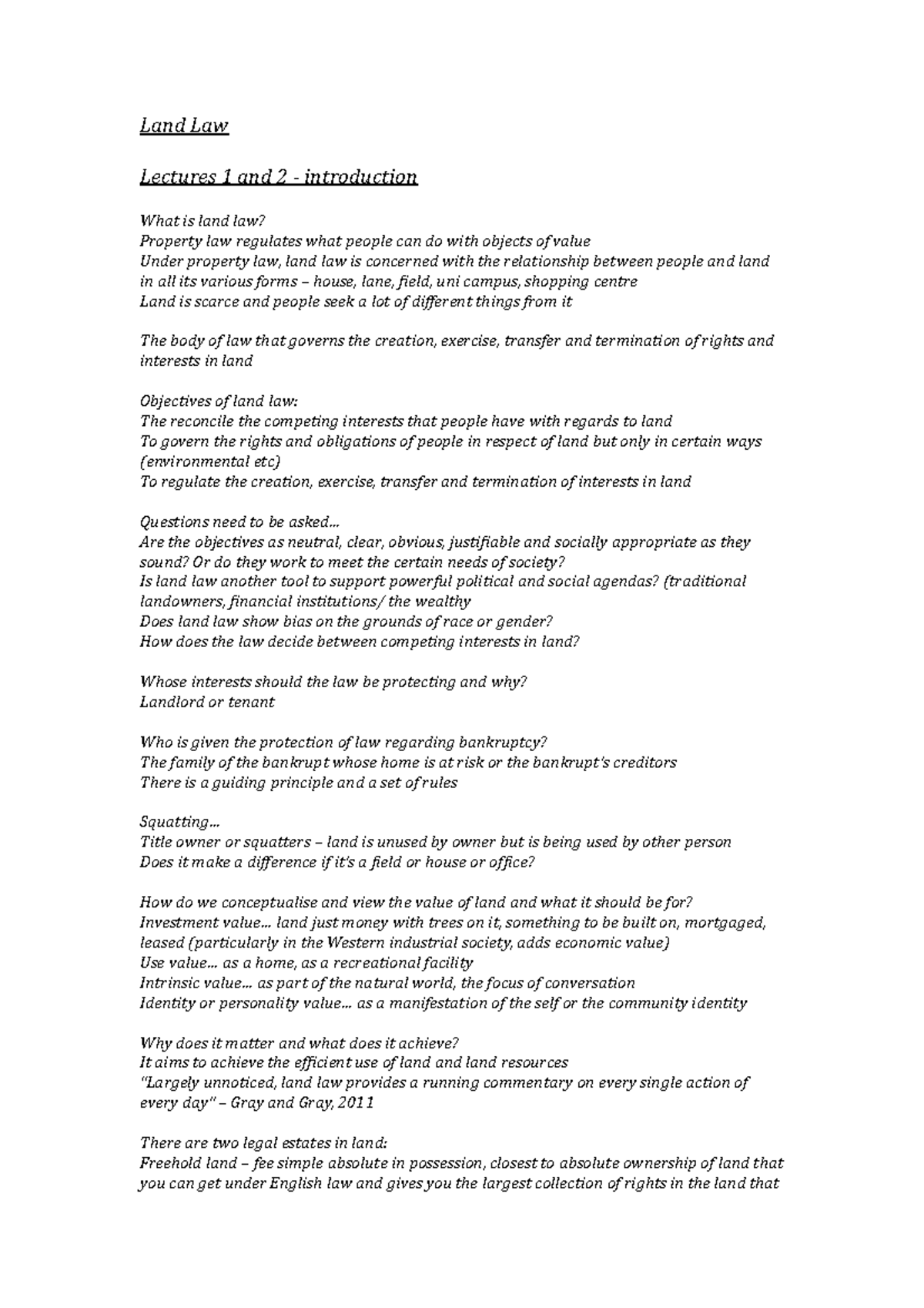 Land Law (Course Code) - Comprehensive Lecture Notes Overview - Studocu