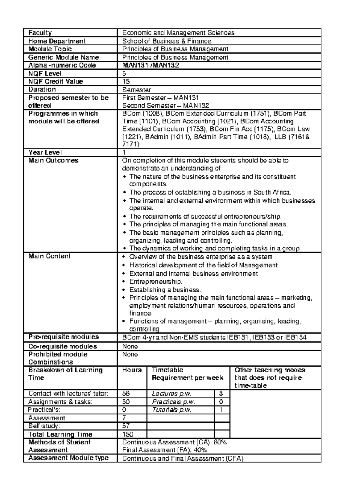 MAN132 - Module Outline for Principles of Business Management - Studocu