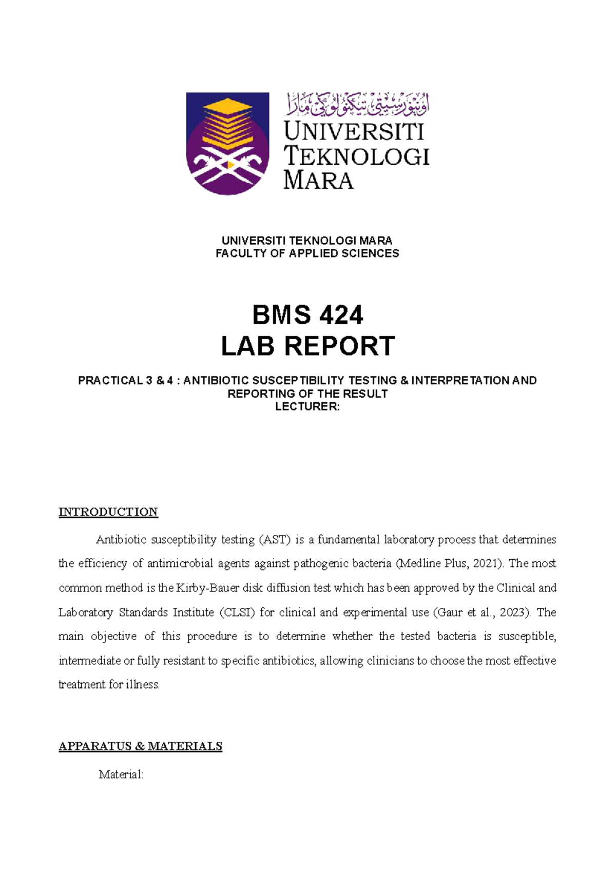 BMS 424 Lab Report: Antibiotic Susceptibility Testing (Practical 3 & 4 ...