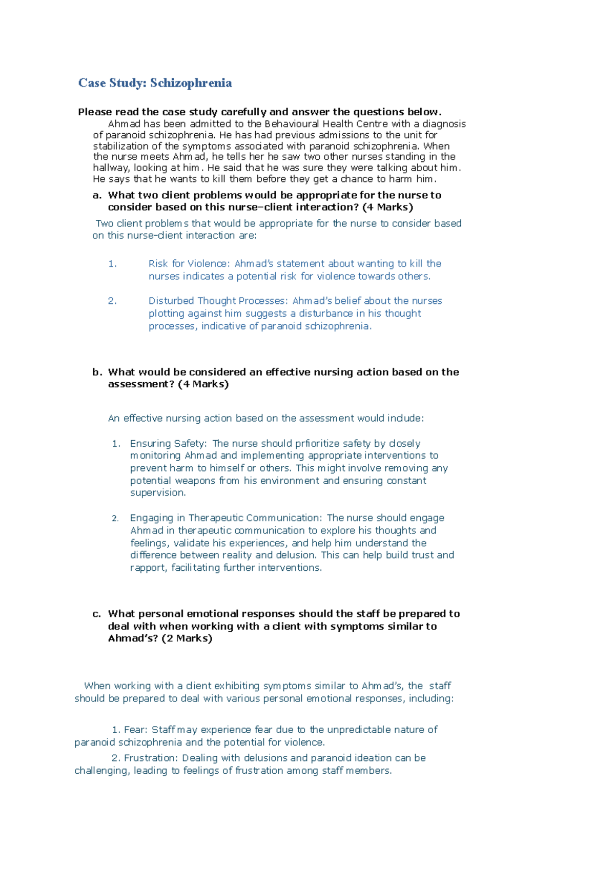 Case Study: Understanding Paranoid Schizophrenia in Nursing Care - Studocu