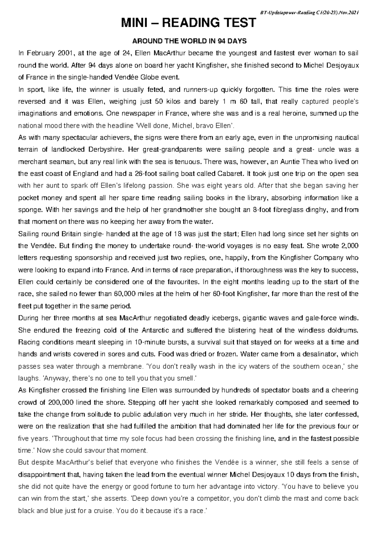 Around THE World IN 94 DAYS( Grade 11) - BT-Updatepower-Reading C1( 20 ...